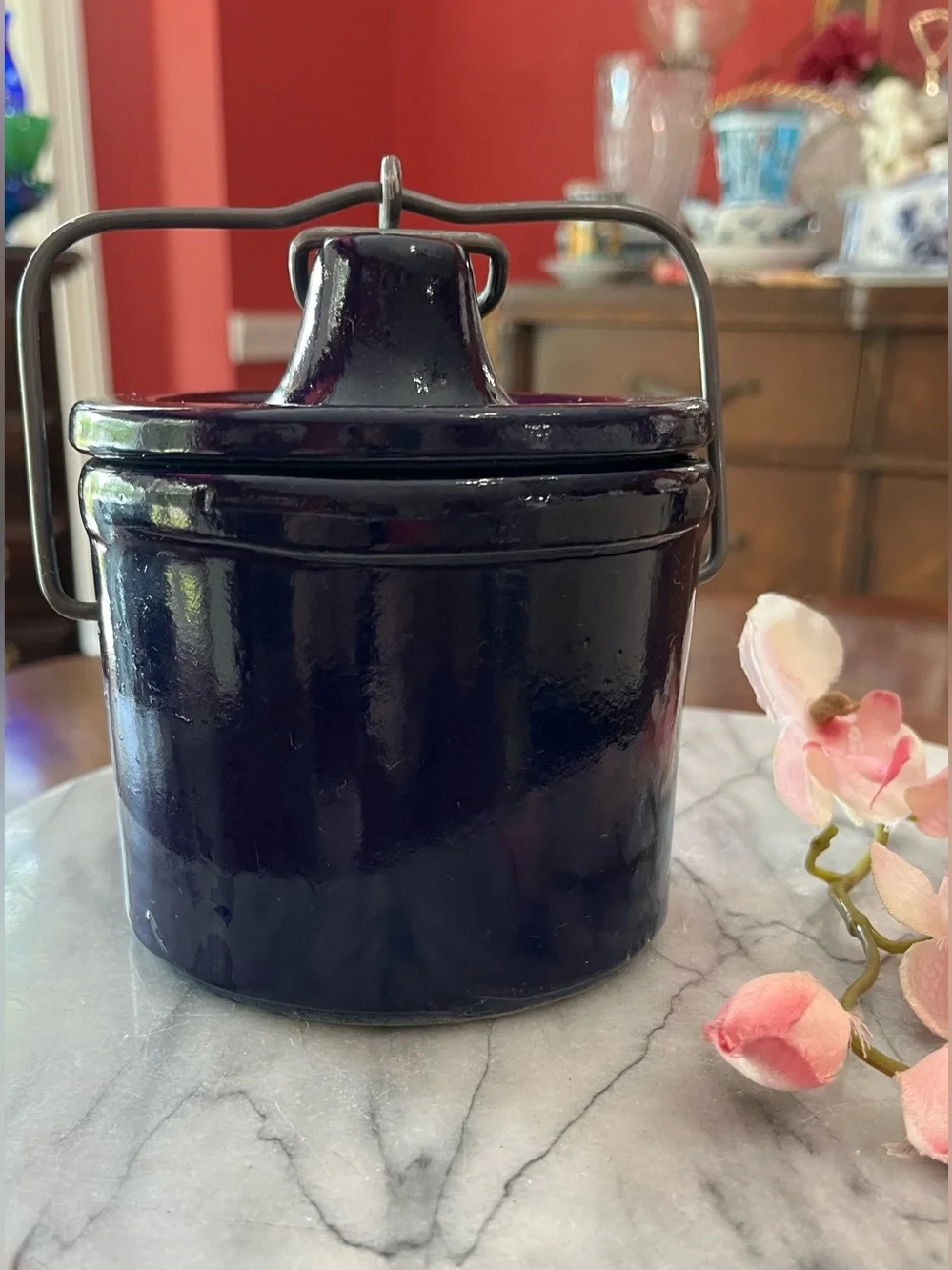 VTG Cobalt Blue Stoneware Cheese Crock w Wire Bail Lid, 1lb Med. Sz. Farmhouse
